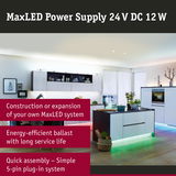 Modern kitchen illuminated with MaxLED lighting and energy-efficient 24V DC 12W power supply for LED systems