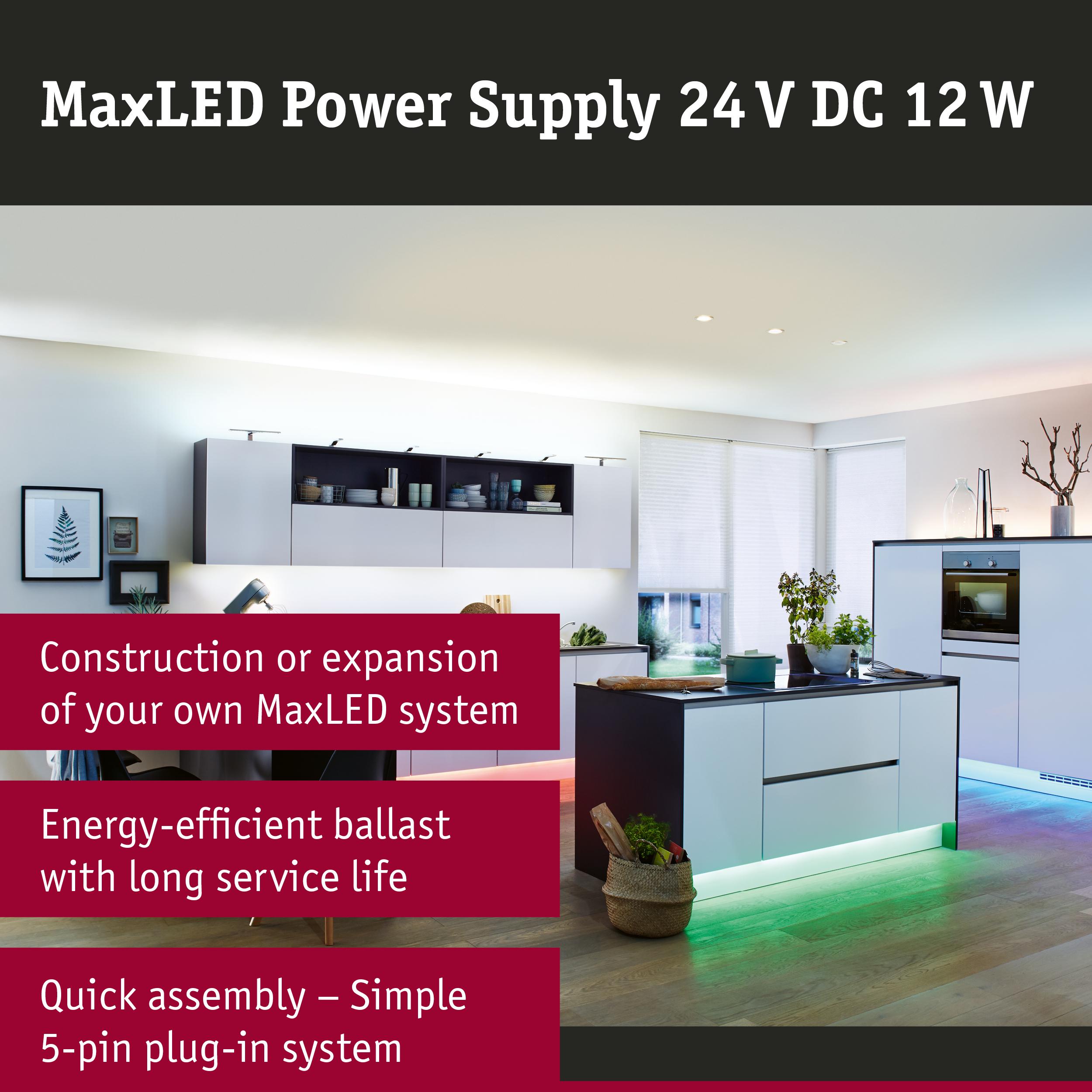 Modern kitchen illuminated with MaxLED lighting and energy-efficient 24V DC 12W power supply for LED systems