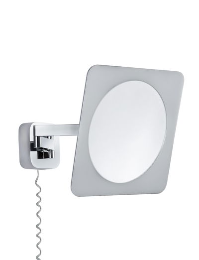 Modern wall mirror with square frame and chrome arm, perfect for bathroom lighting and decor