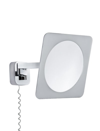 Moderner Wandspiegel mit quadratischem Rahmen und verchromtem Arm, ideal für Badezimmerbeleuchtung