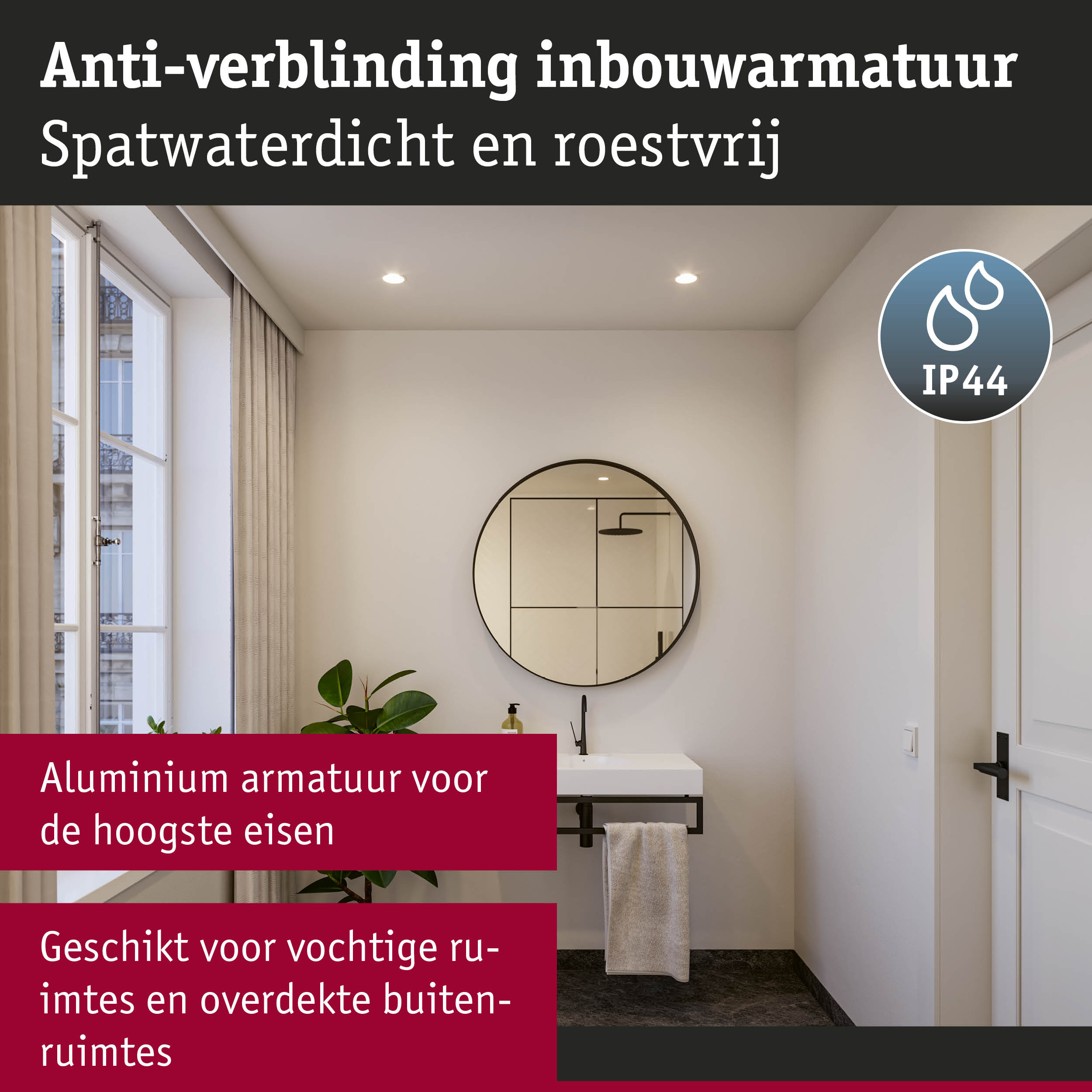 Moderne badkamer met ronde spiegel en IP44 aluminium inbouwverlichting geschikt voor vochtige ruimtes