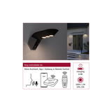 Zwarte metalen LED-buitenwandlamp met bewegingssensor en app-bediening voor huisverlichting.