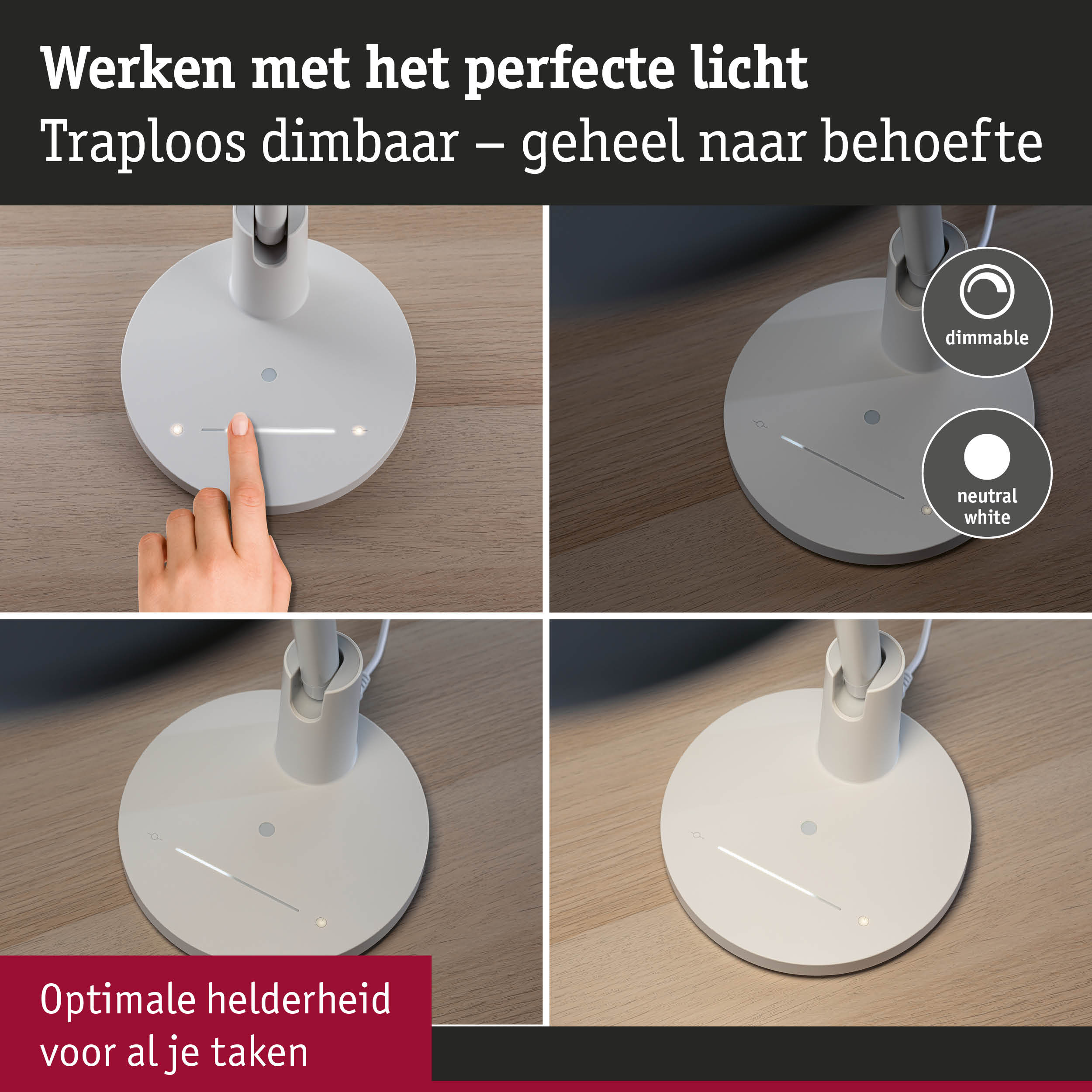 Witte dimbare LED-lamp met touchbediening op houten oppervlak voor optimale helderheid