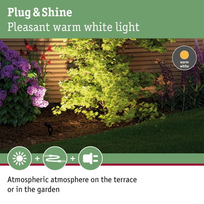 Warm white garden light creating atmospheric terrace and garden illumination with energy-saving LED