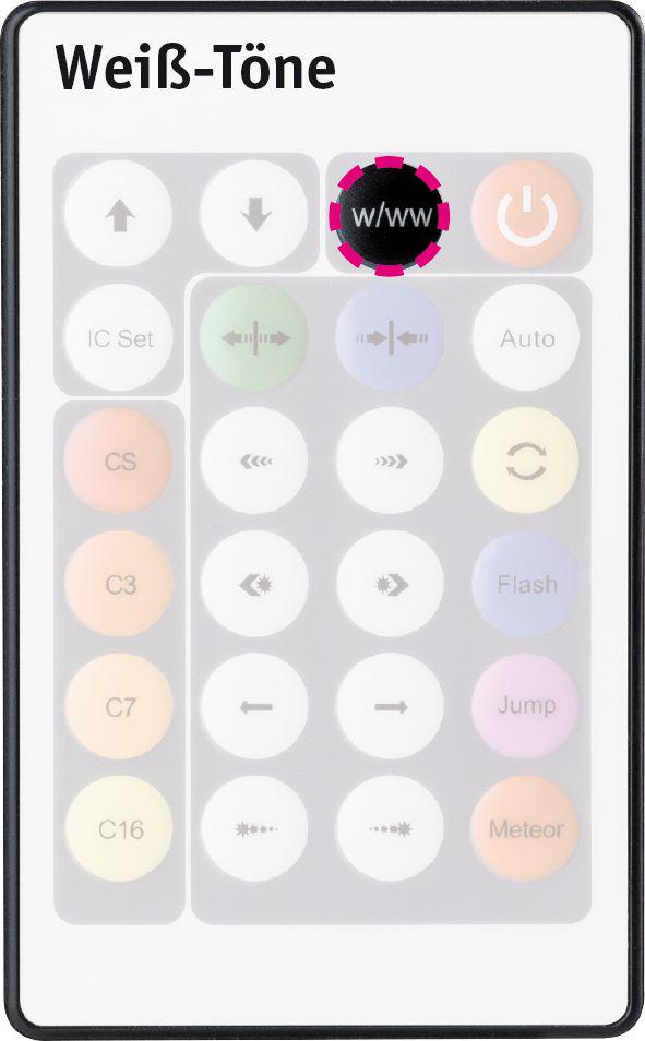 Remote control with white buttons for adjusting light colors and effects in white tones.