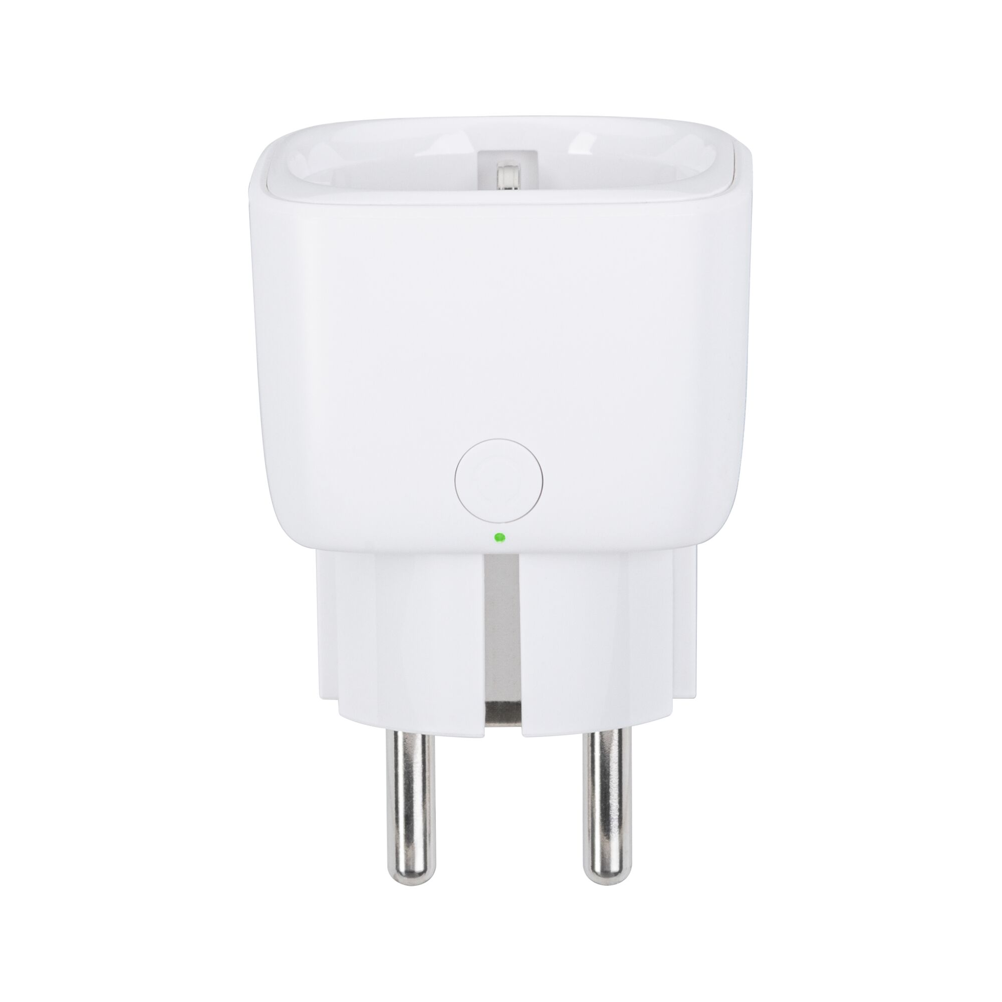 Weißer Steckdosenadapter aus Kunststoff mit zwei Metallstiften für elektrische Geräte