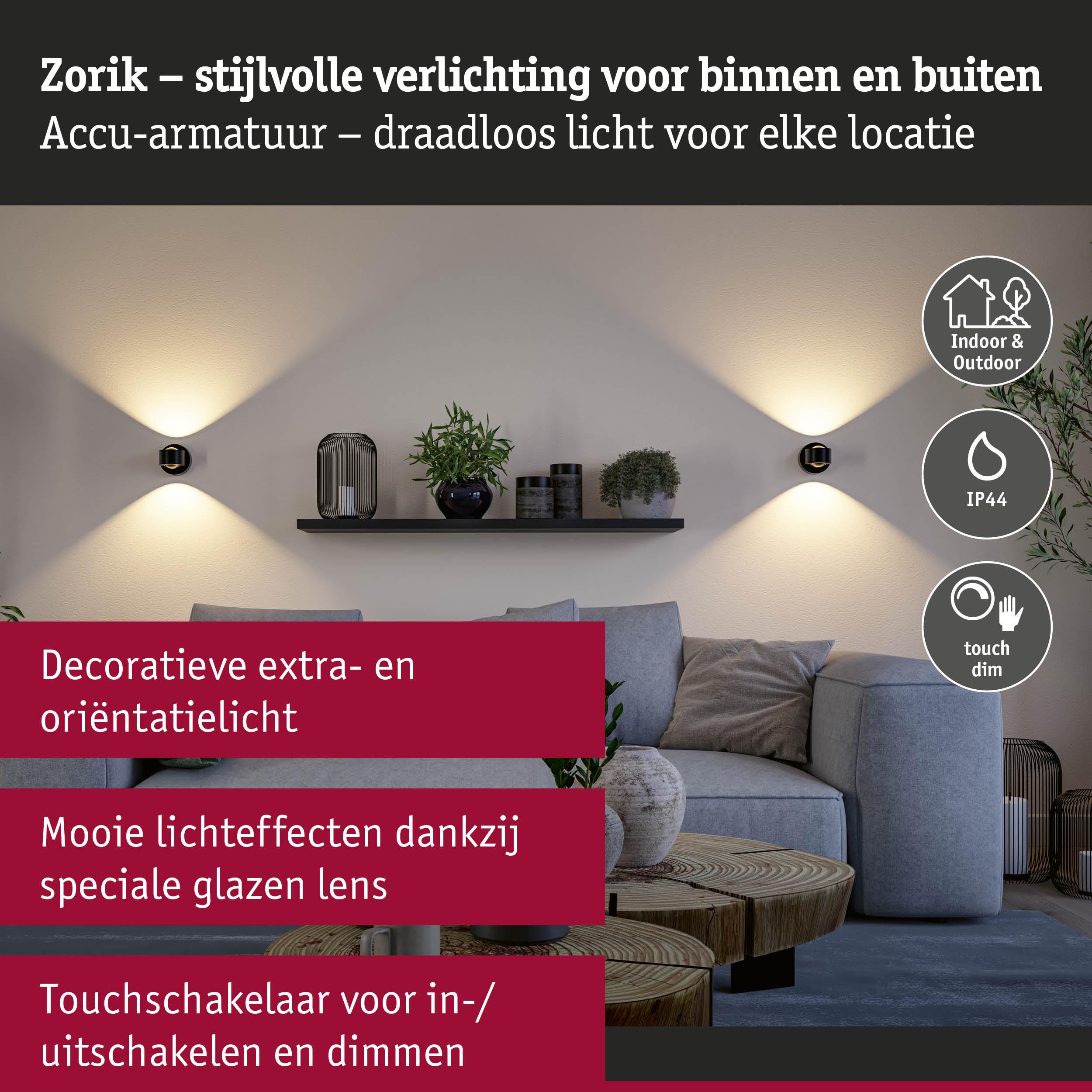 Zorik draadloze accu-wandlamp zwart met warm wit licht voor binnen en buiten