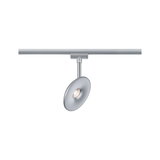 Moderner LED-Spot in mattem Aluminium mit runder Leuchte an Schienensystem für Akzentbeleuchtung