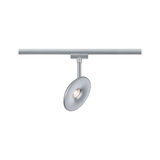 Moderner LED-Spot in mattem Aluminium mit runder Leuchte an Schienensystem für Akzentbeleuchtung