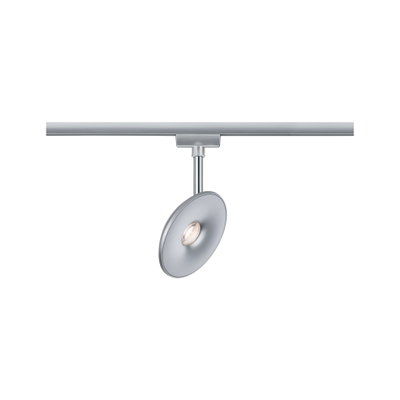 Modern matte aluminum LED spotlight with round lamp on track system for accent lighting