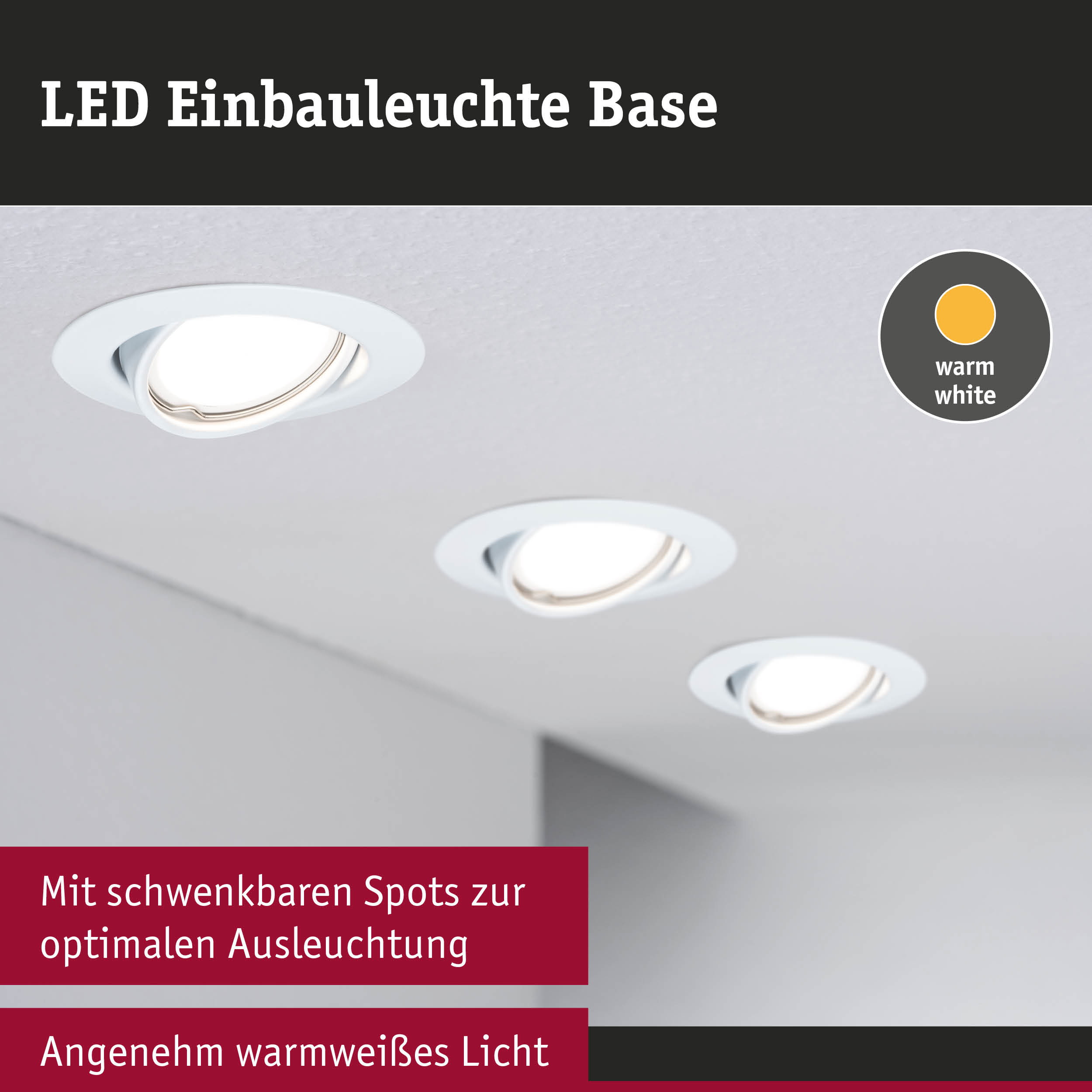 Weiße LED-Einbauleuchte Base mit schwenkbaren Spots und warmweißem Licht für optimale Raumbeleuchtung