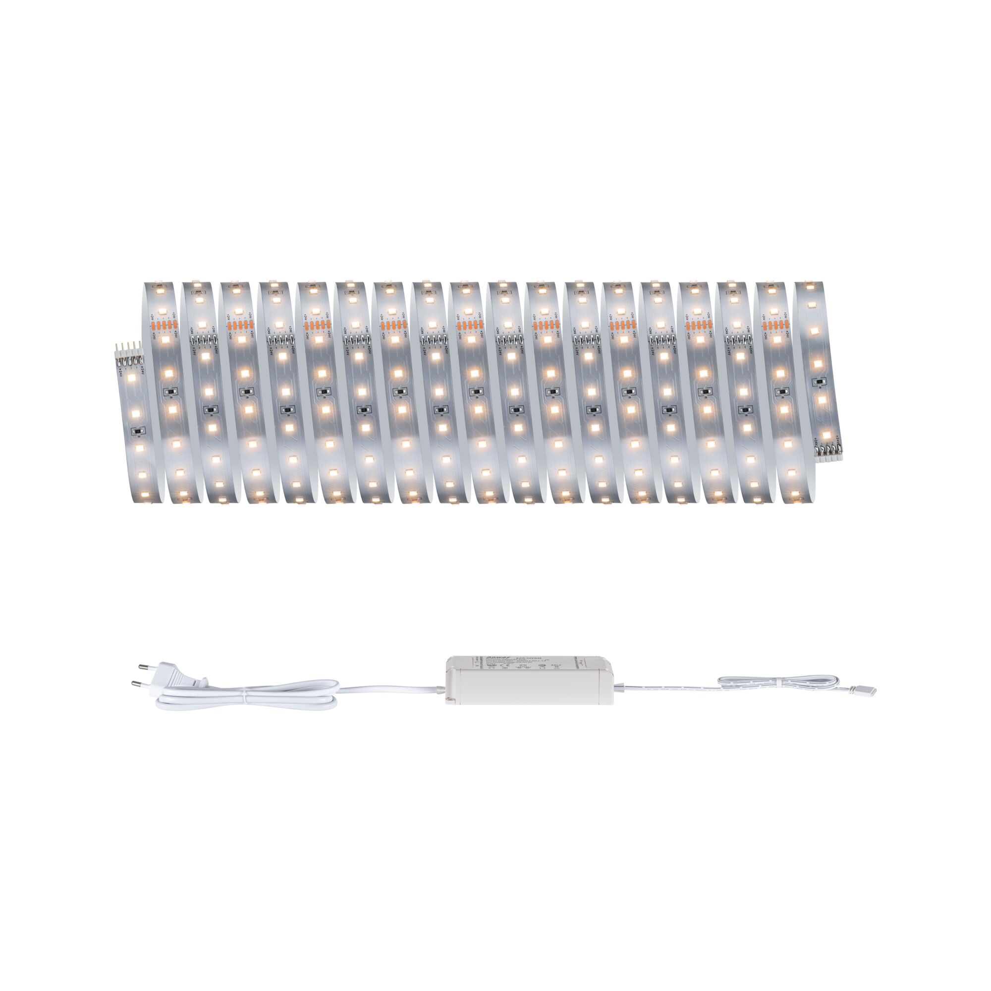 White LED strip light with power supply and plug, flexible indoor lighting solution