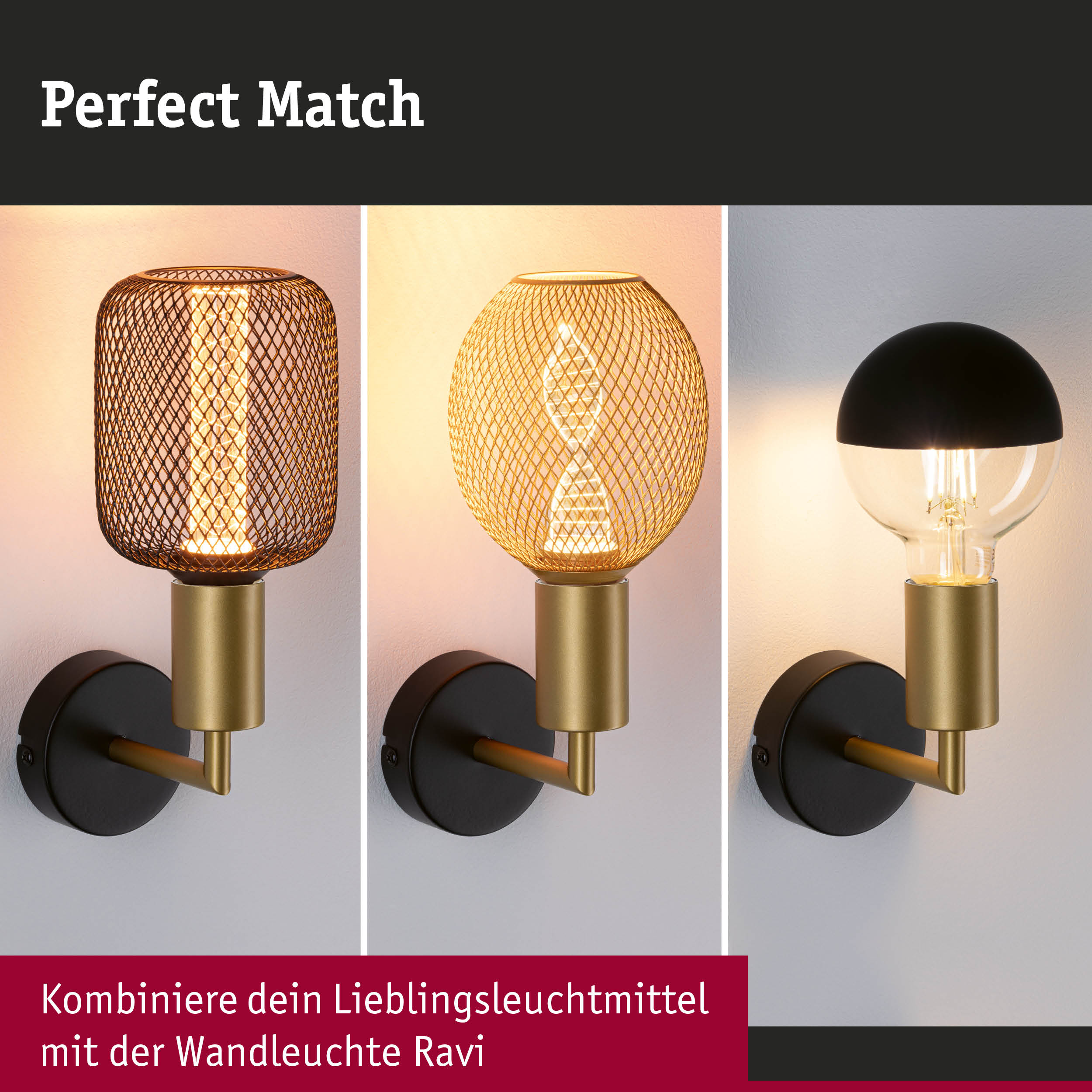 Drei verschiedene Lampenschirme aus Metallgitter und Glas an goldener Wandlampe mit schwarzer Halterung