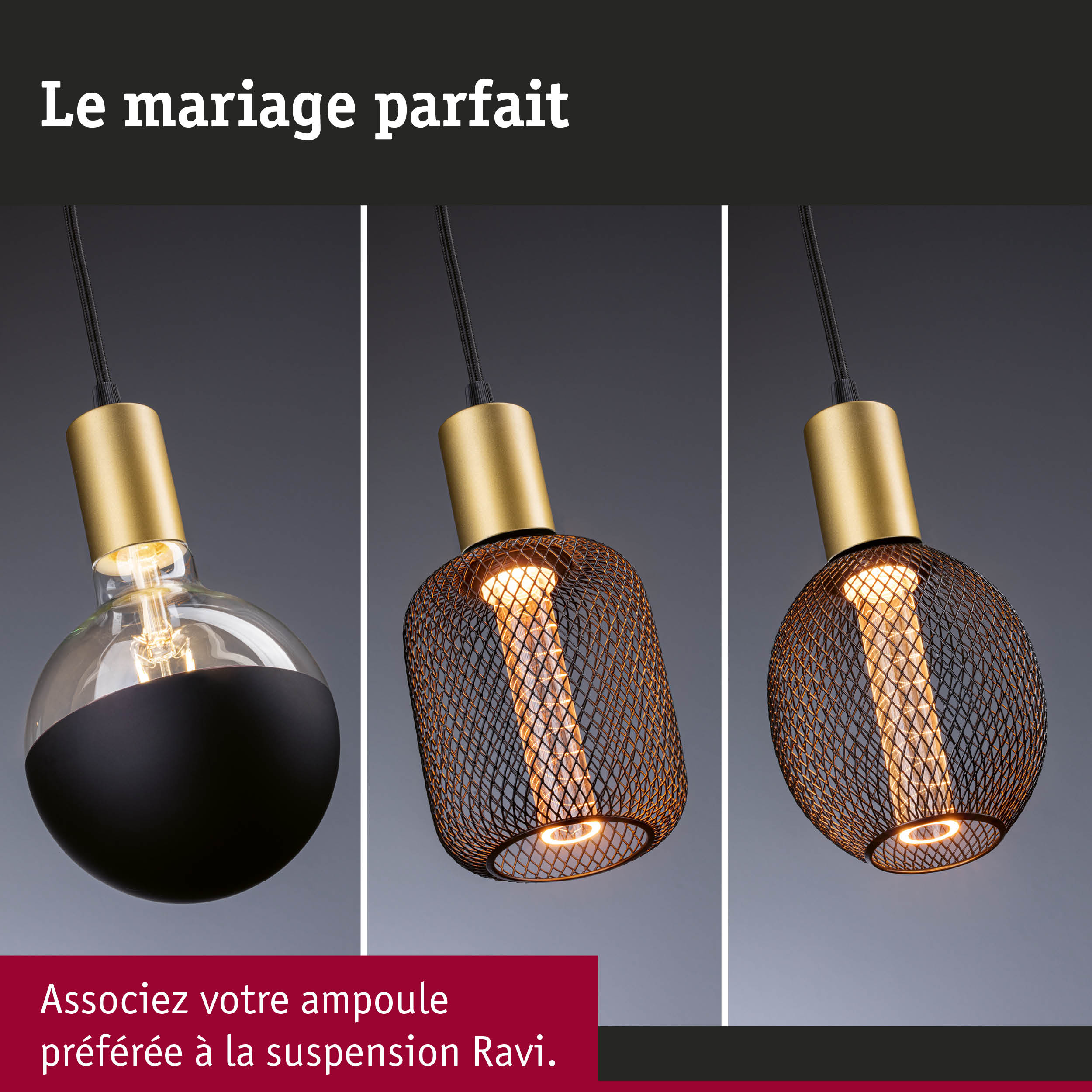 Trois suspensions modernes en métal doré avec grillage noir pour un éclairage intérieur élégant