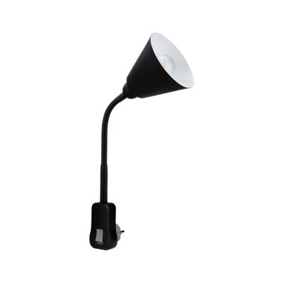 Zwarte flexibele LED-stekkerlamp met kegelvormige reflector en schakelaar voor gerichte verlichting