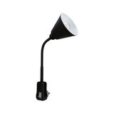 Zwarte flexibele LED-stekkerlamp met kegelvormige reflector en schakelaar voor gerichte verlichting