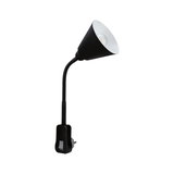 Zwarte flexibele LED-stekkerlamp met kegelvormige reflector en schakelaar voor gerichte verlichting