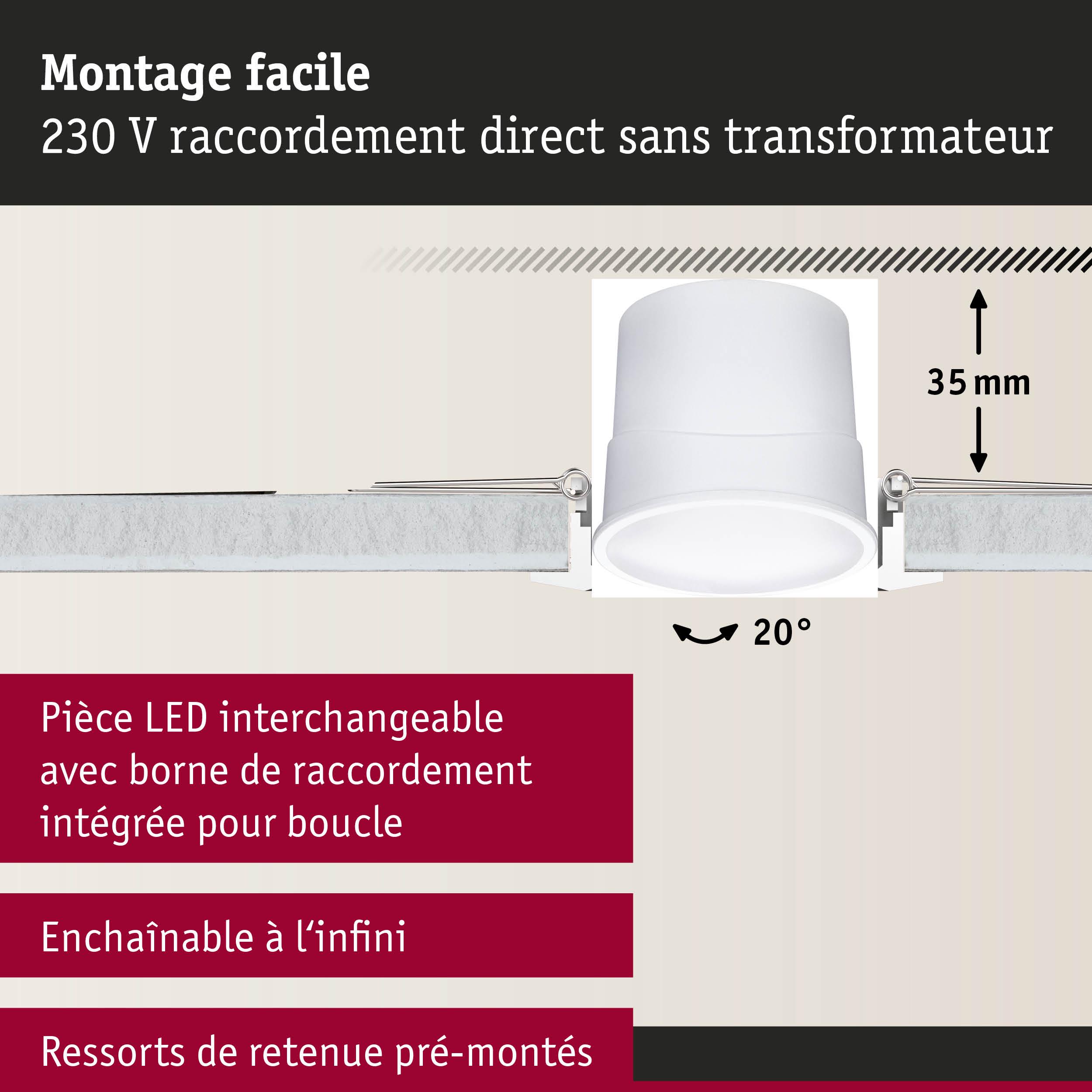 Spot LED encastrable blanc 35 mm de profondeur, inclinaison 20°, montage facile sans transformateur