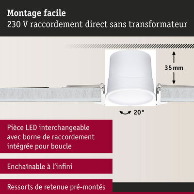 Spot LED encastrable blanc 35 mm de profondeur, inclinaison 20°, montage facile sans transformateur