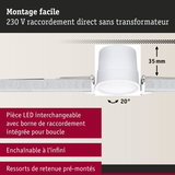 Spot LED encastrable blanc 35 mm de profondeur, inclinaison 20°, montage facile sans transformateur