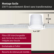 Spot LED encastré blanc de 35 mm de profondeur et inclinaison de 20° pour montage direct 230 V facile