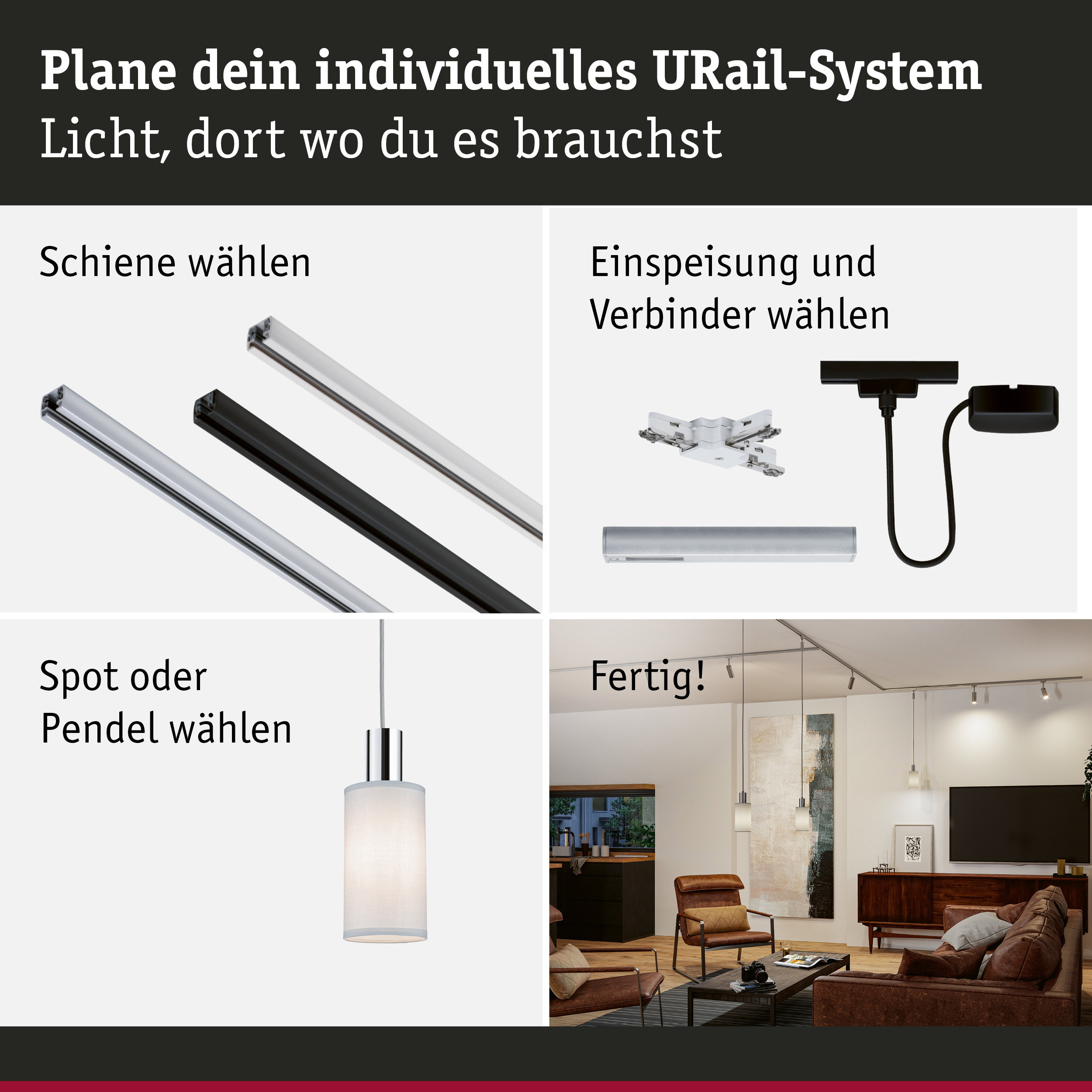 Modulares URail-Schienensystem mit Aluminium in Schwarz und Weiß für flexible LED-Beleuchtung.