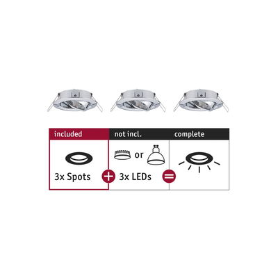 Drei verchromte Einbaustrahler ohne LEDs, LED-Spots für flexible Beleuchtungslösungen
