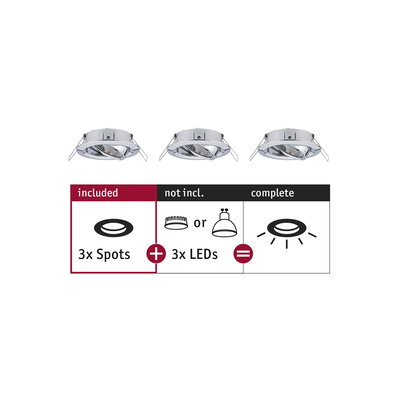 Set of three chrome recessed spotlights without LEDs, compatible with LED lighting