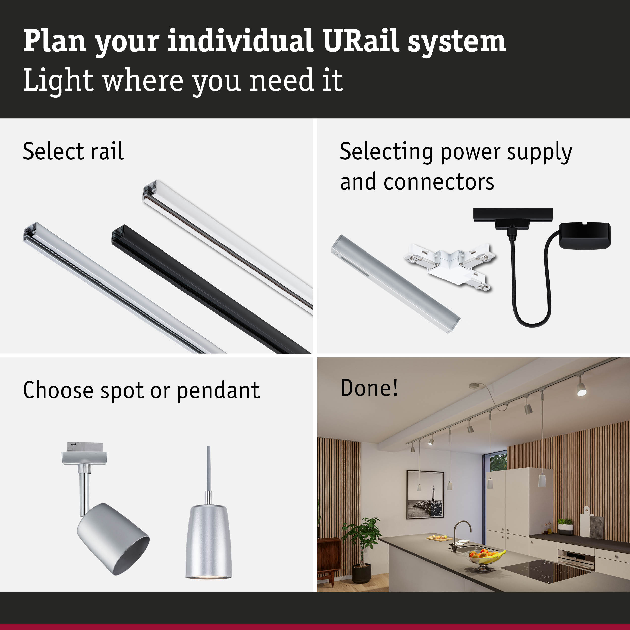 Modular URail track system with black and white aluminium rails, connectors, and lighting options