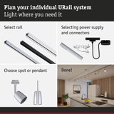 Modular URail track system with black and white aluminium rails, connectors, and lighting options