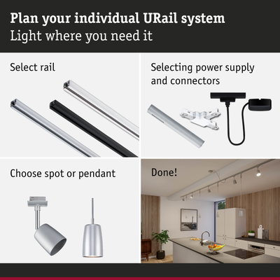 Modular URail track system with black and white aluminium rails, connectors, and lighting options