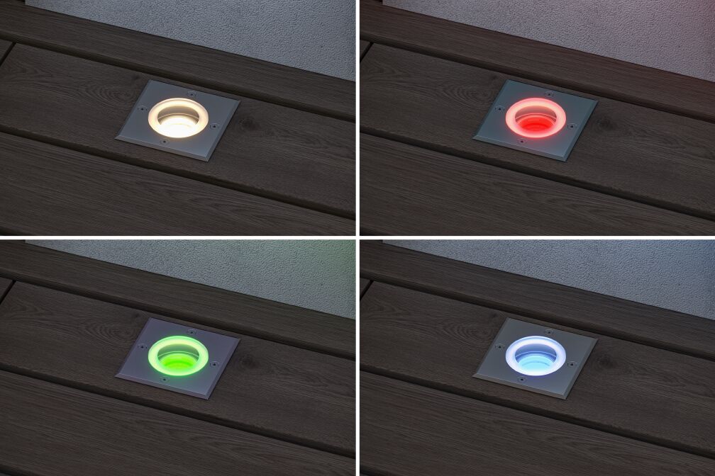 Vier vierkante witte LED-vloerinbouwspots met wisselende kleuren rood, groen, blauw en warm wit.