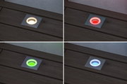 Four square white LED floor recessed lights showing red, green, blue, and warm white colors for outdoor lighting.