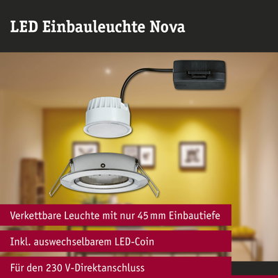 LED Einbauleuchte Nova in Weiß mit schwarzem Anschlusskabel, verknüpfbar und 45 mm Einbautiefe