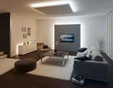 Moderne woonkamer met grijze bank, beige fauteuil, wit vloerkleed en indirecte LED-plafondverlichting