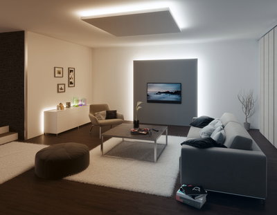 Moderne stue med grå sofa, beige lænestol, hvidt tæppe og indirekte LED-loftsbelysning