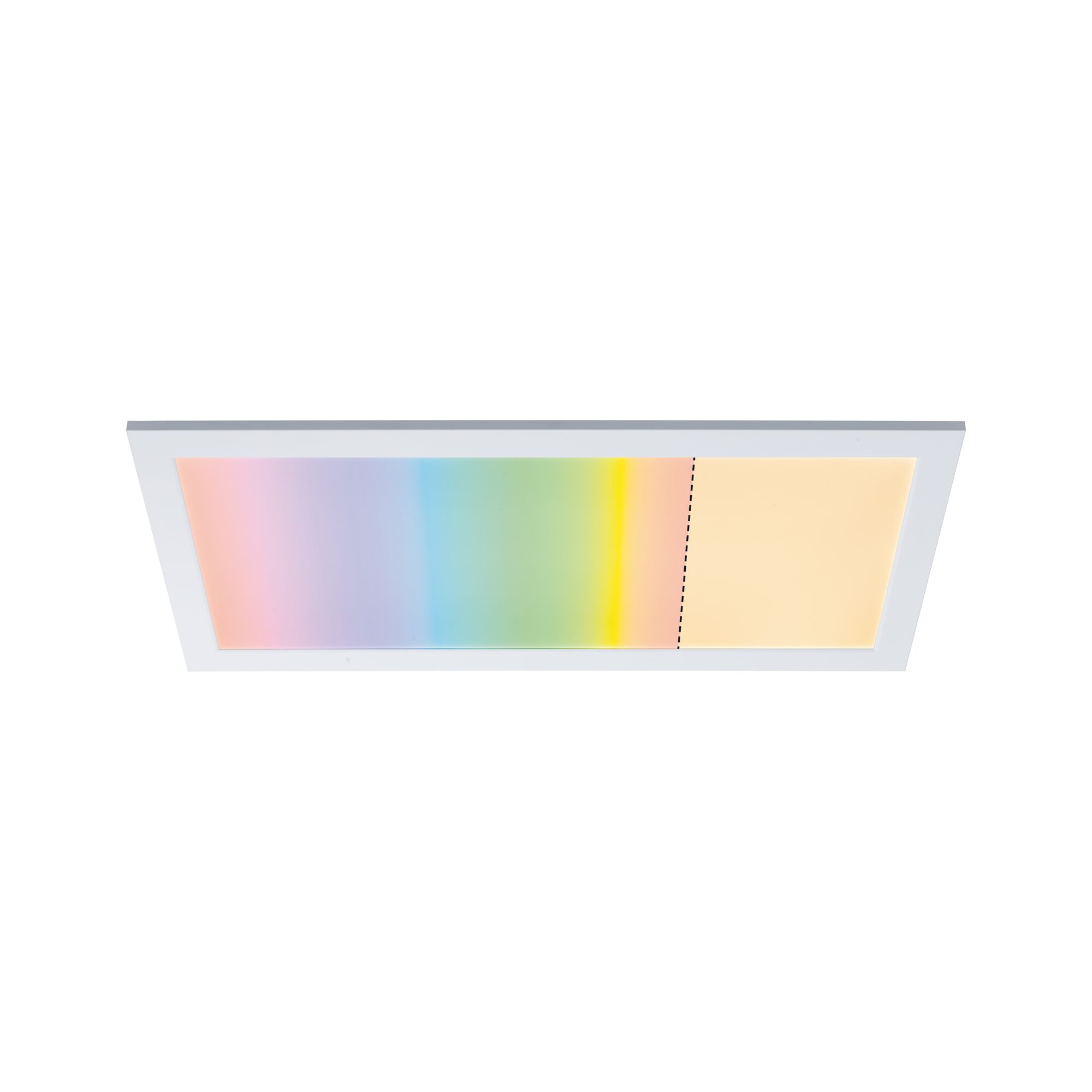 Rectangular LED ceiling light with white frame and multicolor illumination for modern room lighting