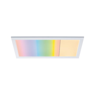 Rectangular LED ceiling light with white frame and multicolor illumination for modern room lighting