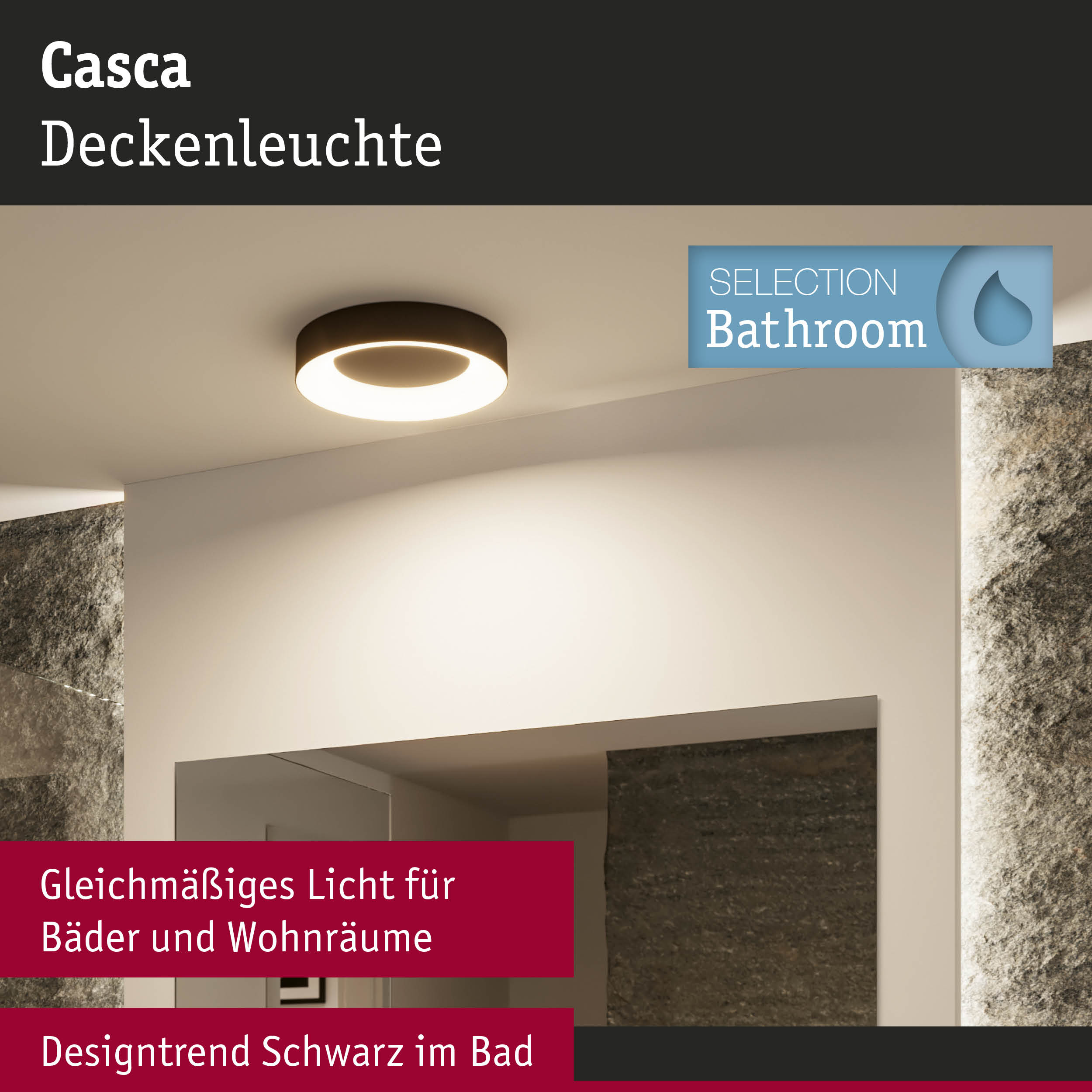Schwarze Casca Deckenleuchte mit warmweißem Licht für Badezimmer und Wohnräume, modernes Design