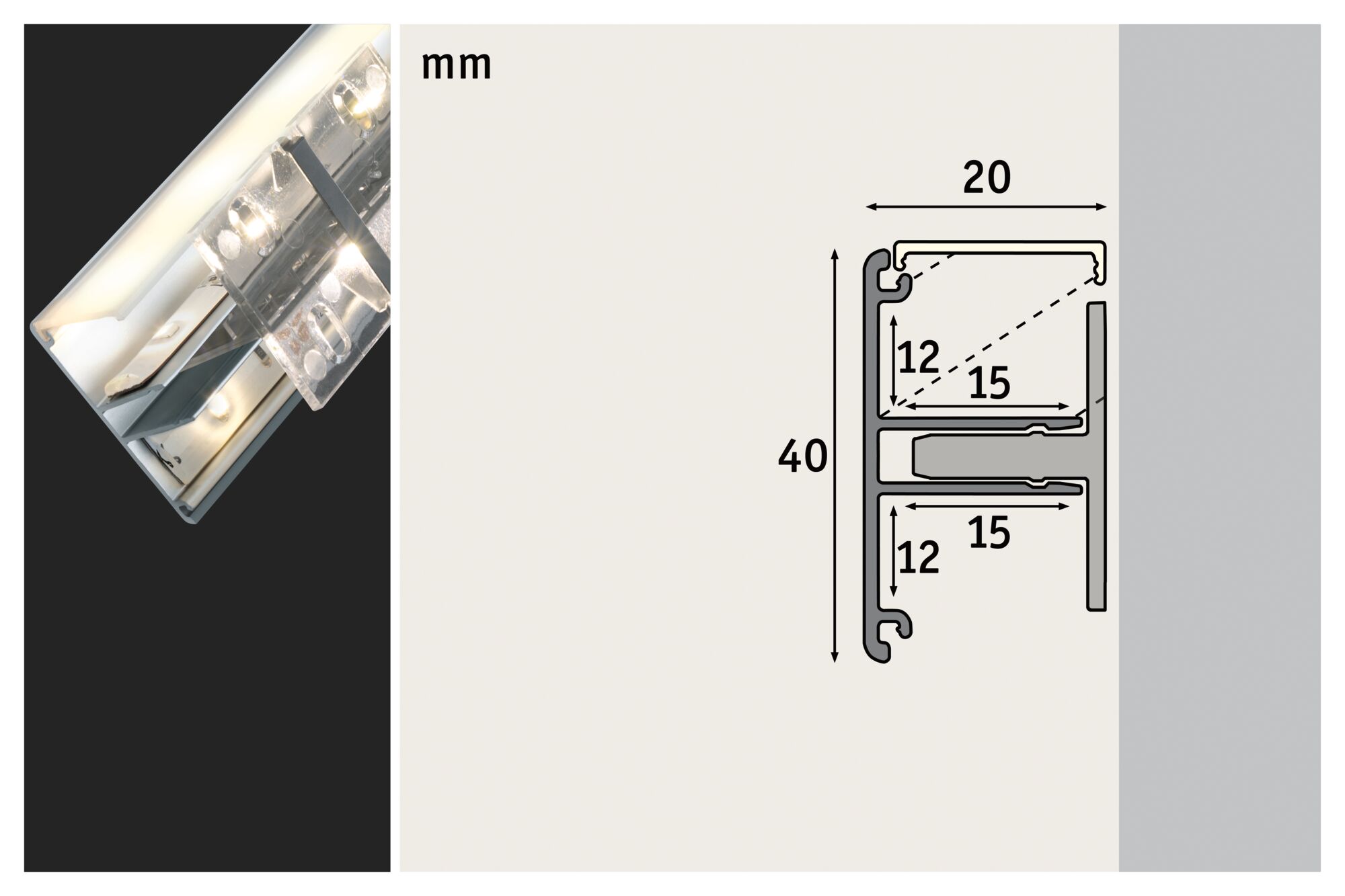 Teknisk tegning af aluminiumsprofil på 40x20 mm til LED-belysningskanaler.