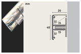 Teknisk tegning af aluminiumsprofil på 40x20 mm til LED-belysningskanaler.