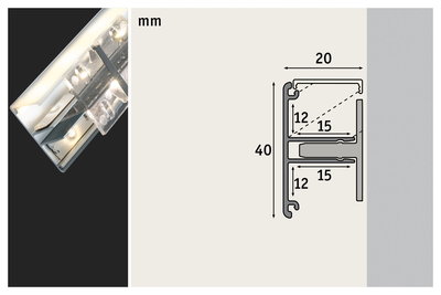 Teknisk tegning af aluminiumsprofil på 40x20 mm til LED-belysningskanaler.