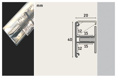 Technische Zeichnung eines Aluminium-Profils mit Maßen 40x20 mm für LED-Beleuchtungskanäle.