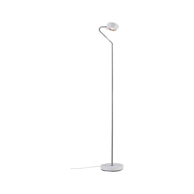 Modern floor lamp with white metal base and adjustable chrome arm for focused LED lighting