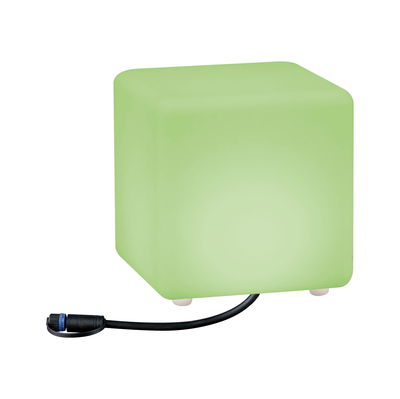 Grüner LED-Würfel aus Kunststoff mit Kabelanschluss für moderne Lichtdekoration.
