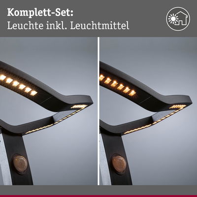 Schwarze LED-Leuchte mit Bewegungsmelder und warmweißem Licht, modernes Design für Innenräume
