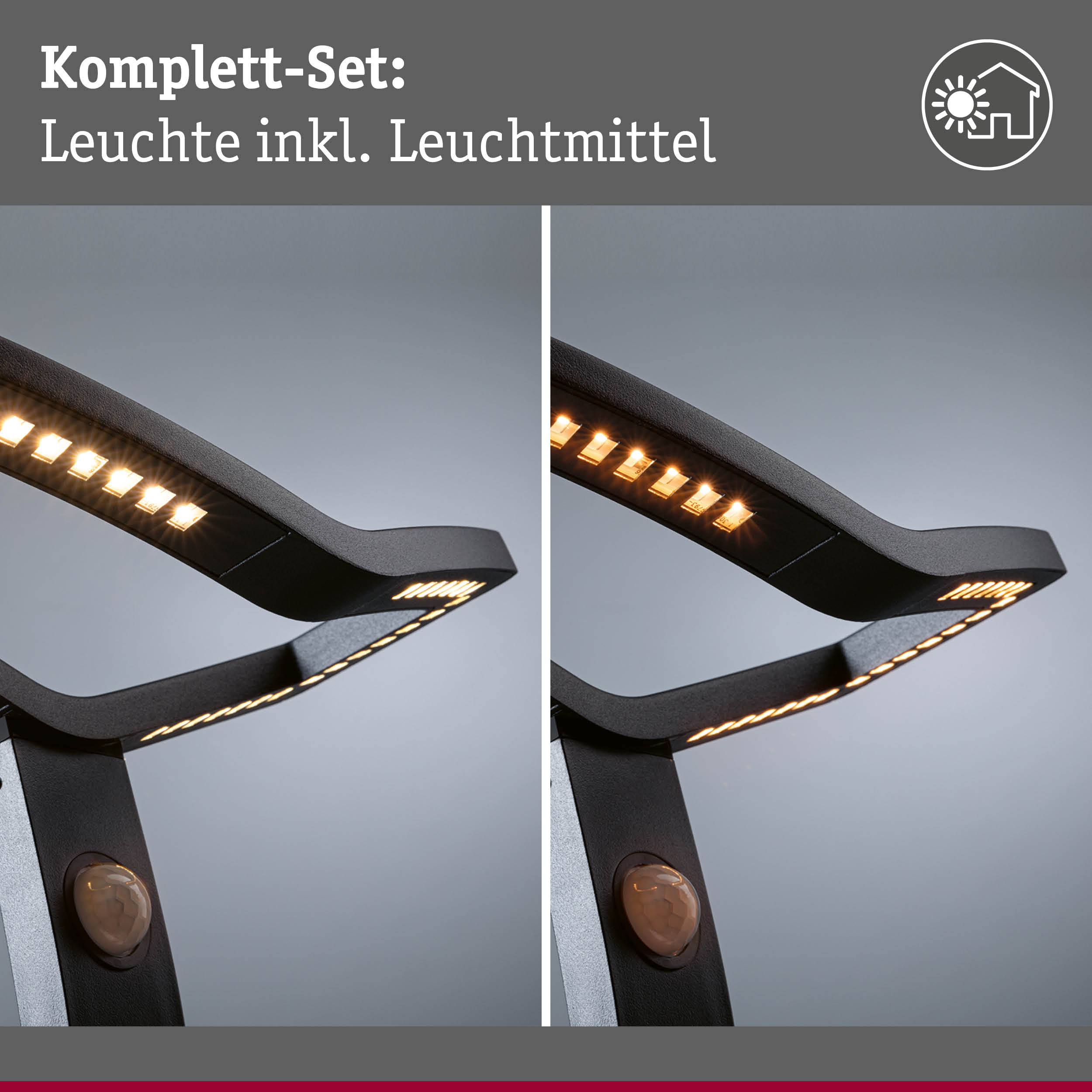 Schwarze LED-Außenleuchte mit Bewegungsmelder und integriertem Leuchtmittel für Gartenbeleuchtung
