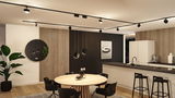 Moderne Küche mit schwarzer Schiene und runden LED-Spotleuchten, Holz-Esstisch und schwarzen Stühlen