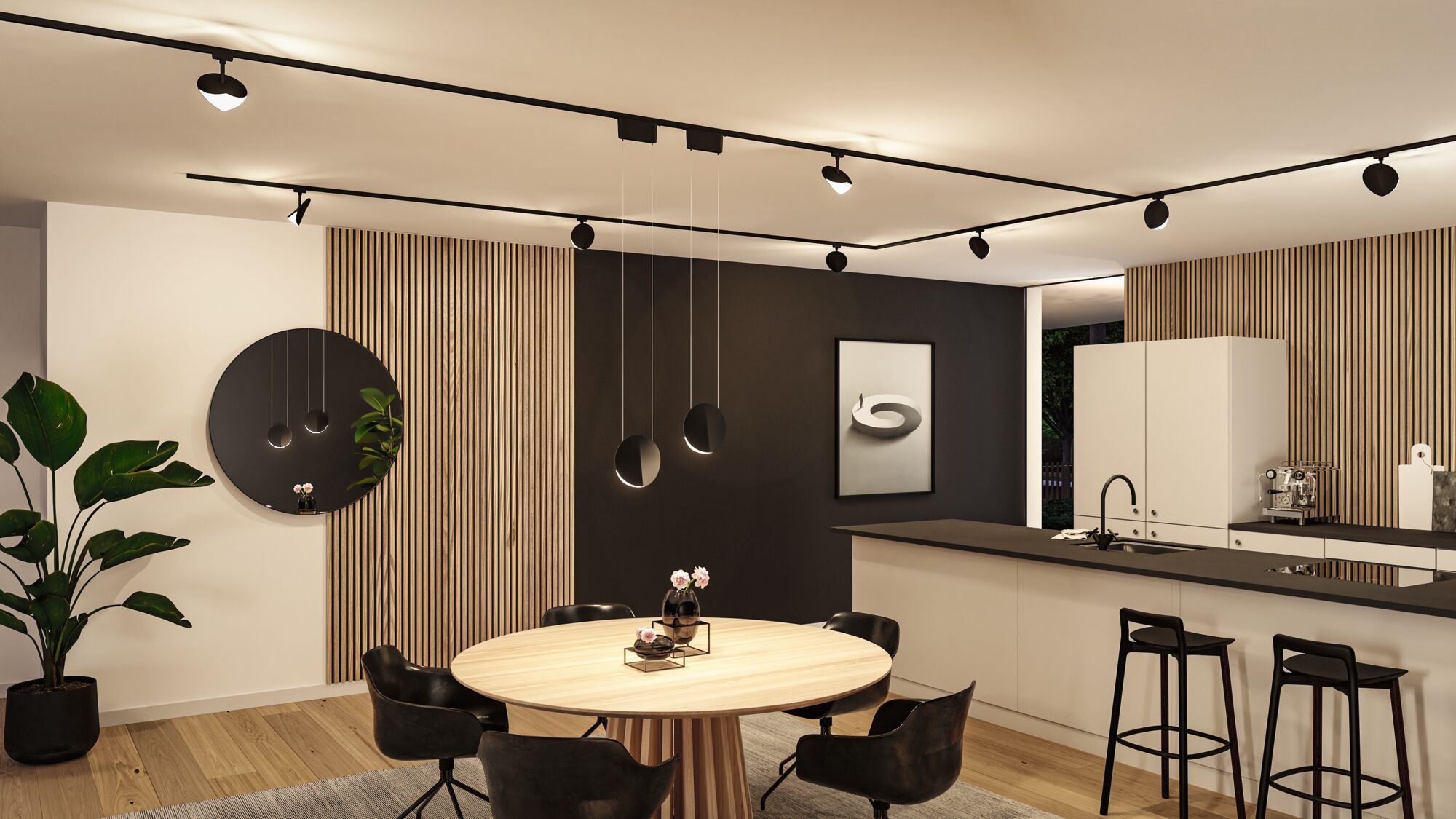 Modern kitchen with black track and round LED spotlights, wooden dining table and black chairs