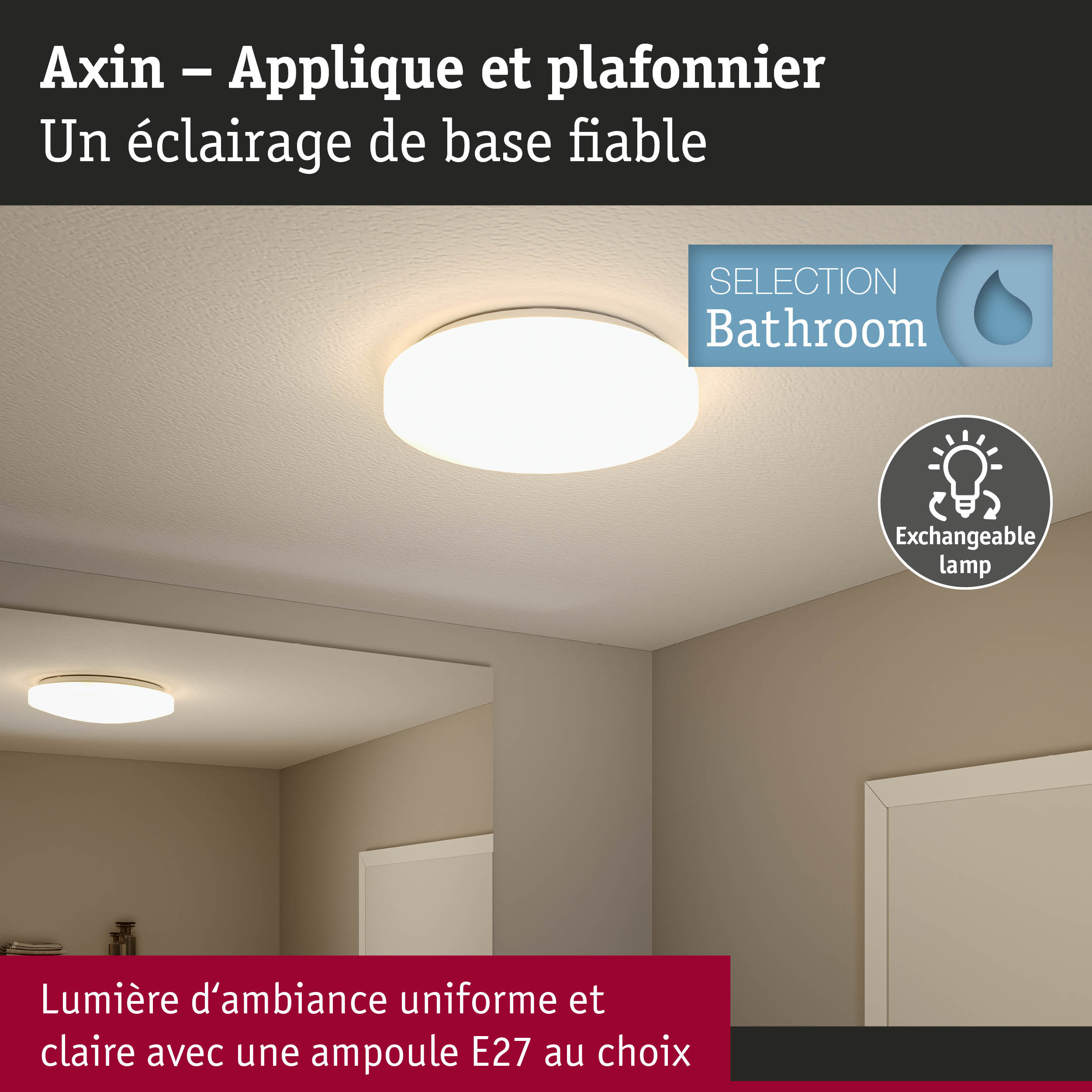 Plafonnier rond blanc pour salle de bain avec ampoule E27 interchangeable pour éclairage uniforme